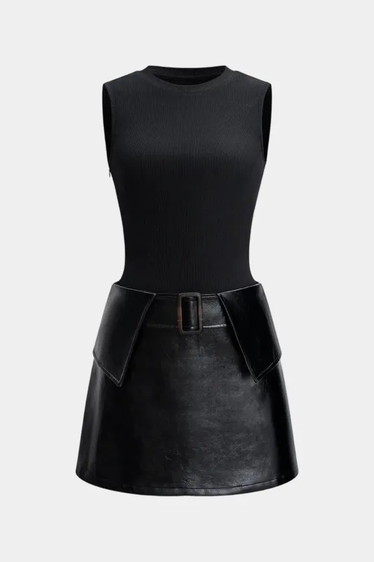 Faux Leather Patchwork Round Neck Sleeveless Mini Dress sold by Micas