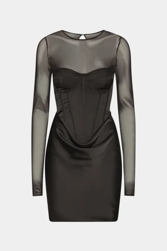 Satin Mesh Patchwork Bustier Ruched Long Sleeve Mini Dress sold by Micas