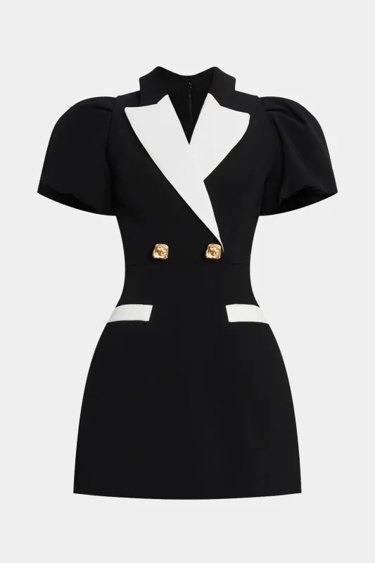 Contrast Notched Lapel Puff Sleeve Mini Dress sold by Micas
