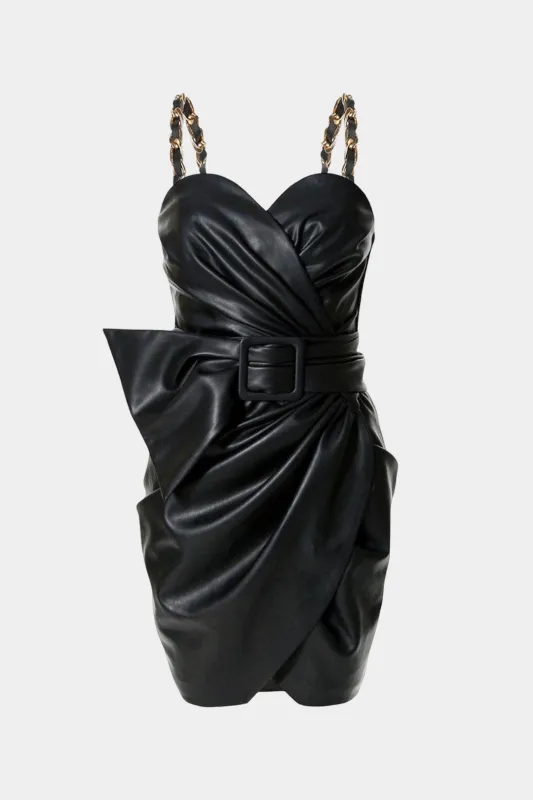 Faux Leather Asymmetrical Ruched Metallic Chain Strap Sleeveless Slip Mini Dress sold by Micas