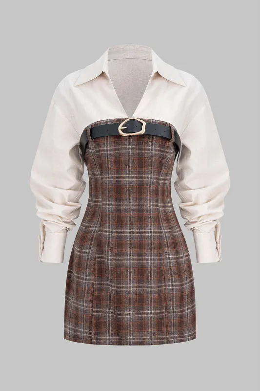 Plaid Print Patchwork Belted Long Sleeve Mini Dress sold by Micas