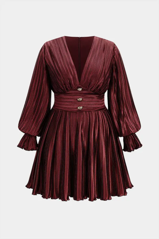 Plus Size V-Neck Pleated Lantern Sleeve Mini Dress sold by Micas