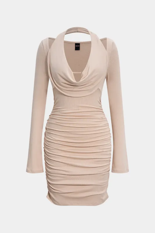 Halter Draped Cowl Neck Ruched Long Sleeve Mini Dress sold by Micas