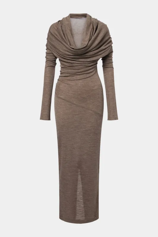 Draped Cowl Neck Ruched Slit Long Sleeve Maxi Dress sold by Micas