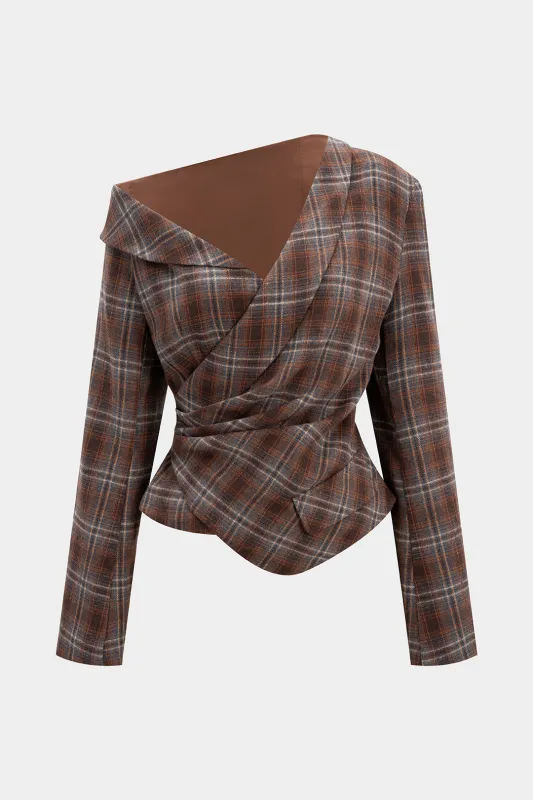 Plaid Print Asymmetrical One Shoulder Ruched Long-Sleeve Top sold by Micas