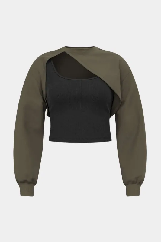 Plus Size Contrast Asymmetrical Cut Out Long-Sleeve Top sold by Micas