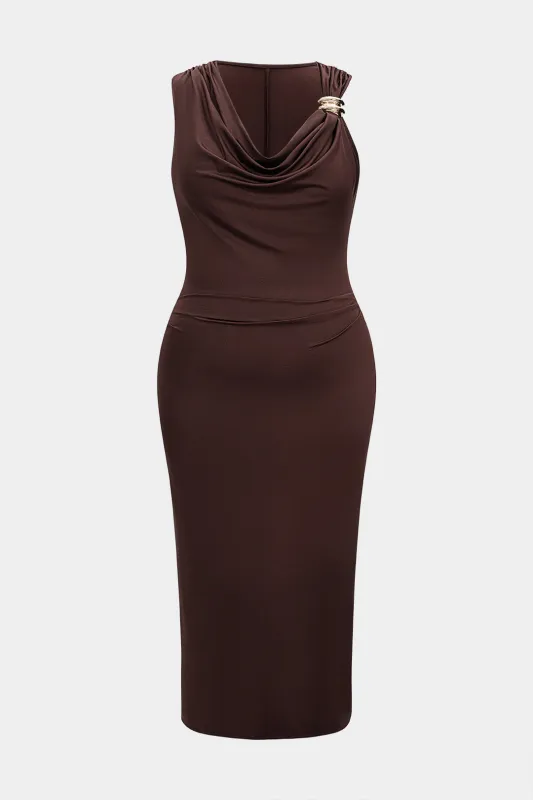 Plus Size Draped Cowl Neck Metallic Decor Sleeveless Midi Dress sold by Micas