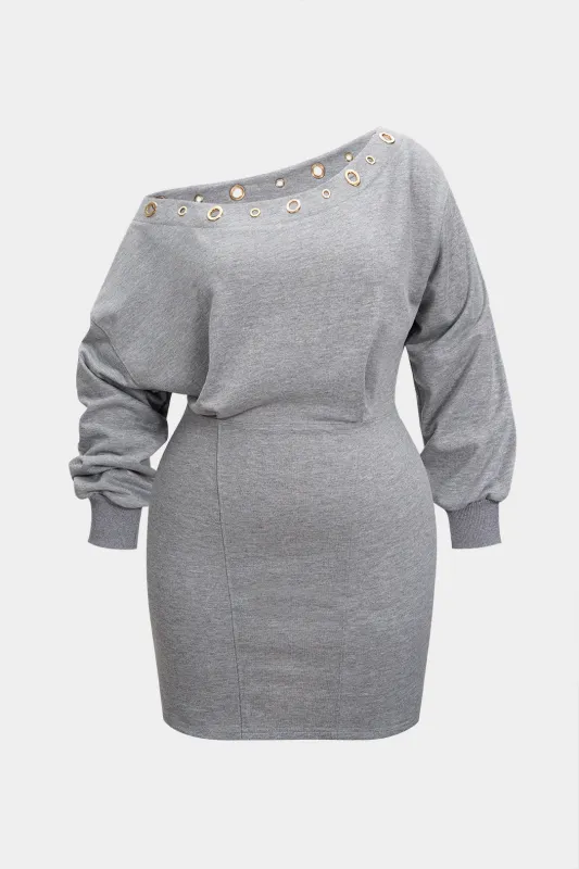 Plus Size Asymmetrical One Shoulder Eyelet Decor Long-Sleeve Mini Dress sold by Micas