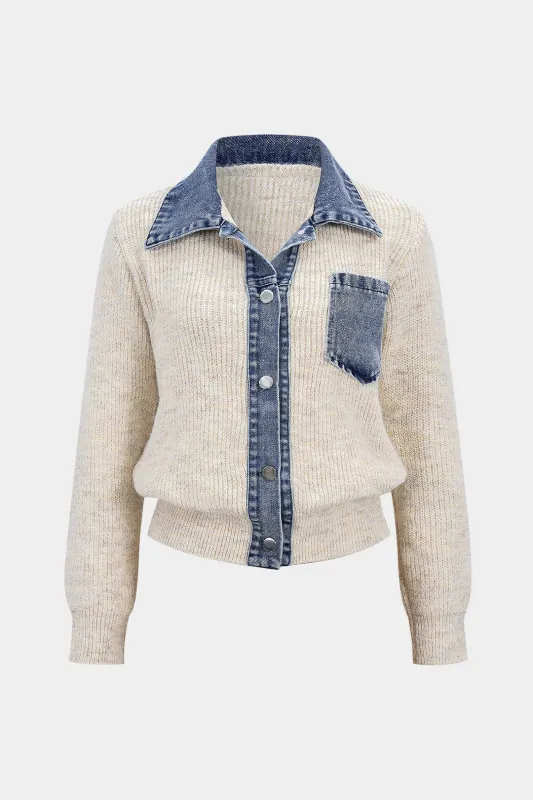 Knit Denim Patchwork Button Cardigan sold by Micas