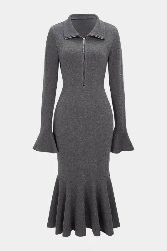 Lapel Ruffle Hem Zipper Bell Sleeve Midi Dress sold by Micas