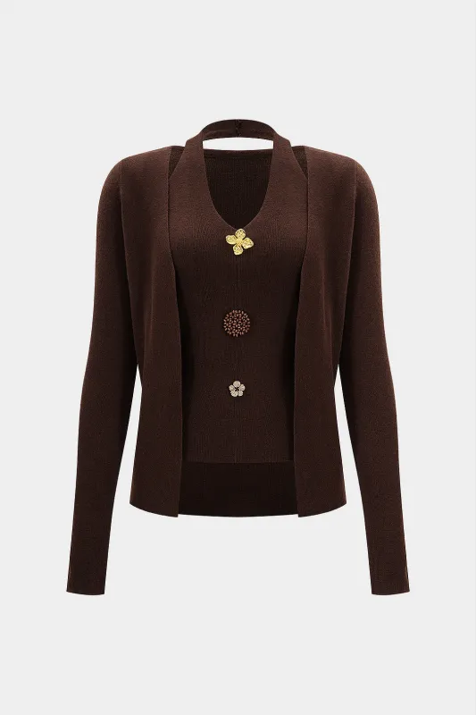 Knit Halter Neck Irregular Button Top And Long-Sleeve Cardigan Set sold by Micas