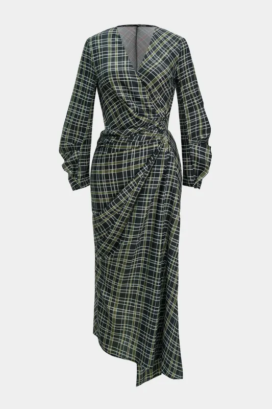 Plaid Print V-Neck Asymmetrical Ruched Long-Sleeve Maxi Dress sold by Micas
