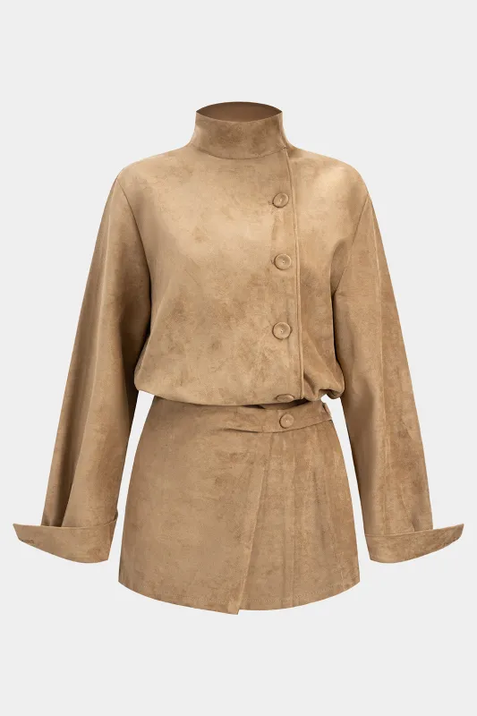 Suede Mock Neck Asymmetrical Button Long-Sleeve Mini Dress sold by Micas