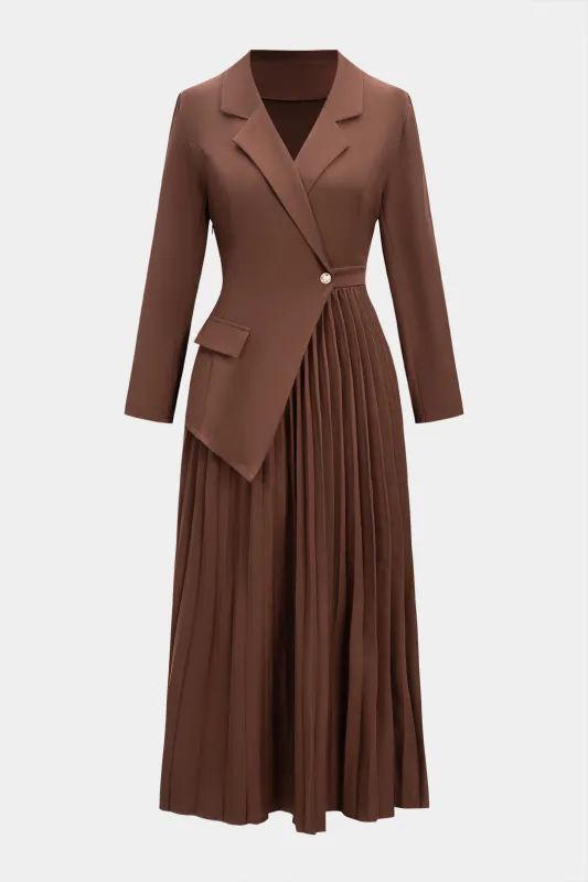 Notched Lapel Pleated Asymmetrical Long-Sleeve Maxi Dress sold by Micas
