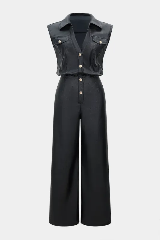 Faux Leather V-Neck Metallic Button Sleeveless Jumpsuit sold by Micas
