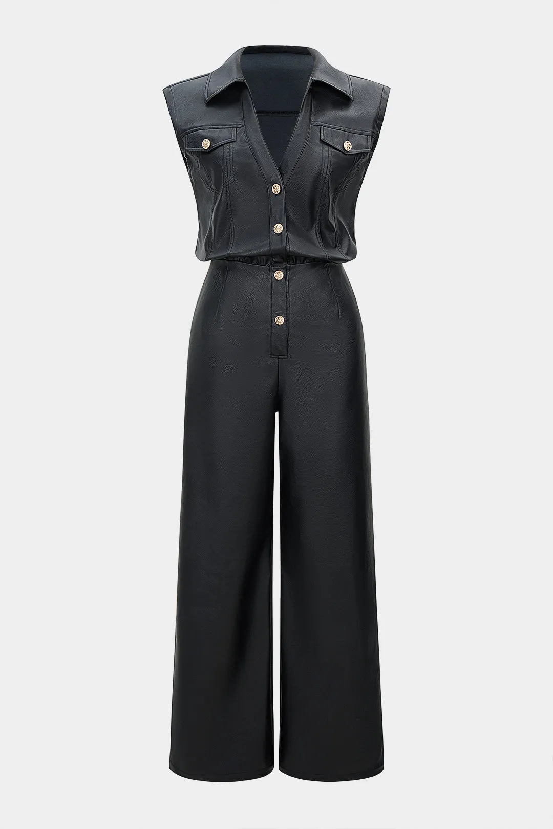 Faux Leather V-Neck Metallic Button Sleeveless Jumpsuit sold by Micas