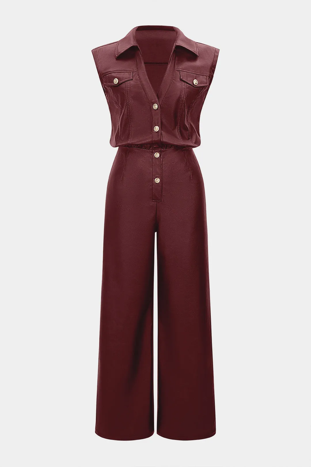 Faux Leather V-Neck Metallic Button Sleeveless Jumpsuit sold by Micas product image thumbnail 5