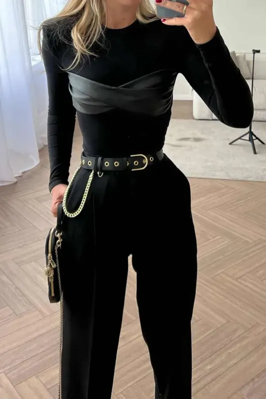 Faux Leather Patchwork Long Sleeve Bodysuit sold by Micas