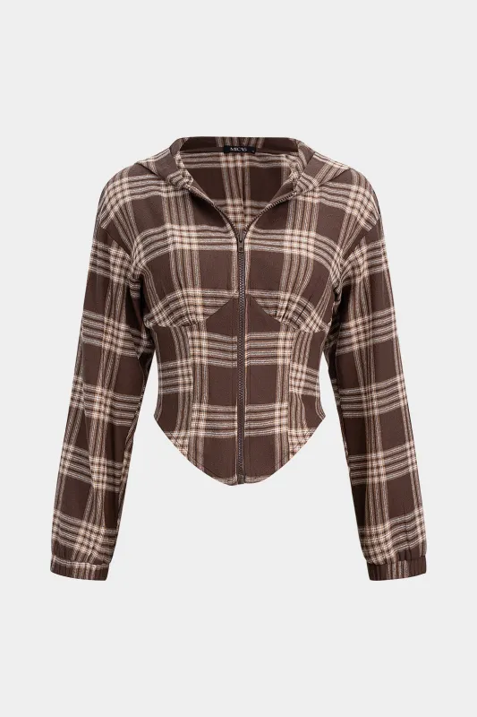 Plaid Print Waist-Cinching Zipper Hoodie sold by Micas