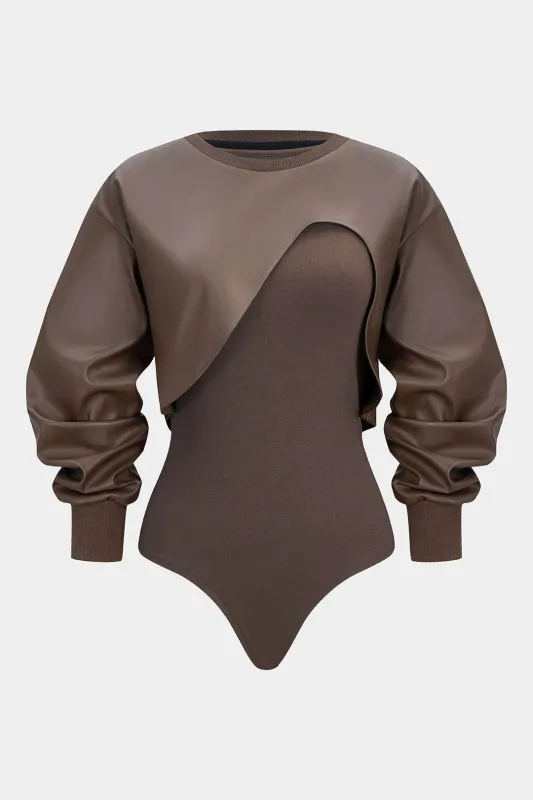 Faux Leather Patchwork Round Neck Asymmetrical Long Sleeve Bodysuit sold by Micas