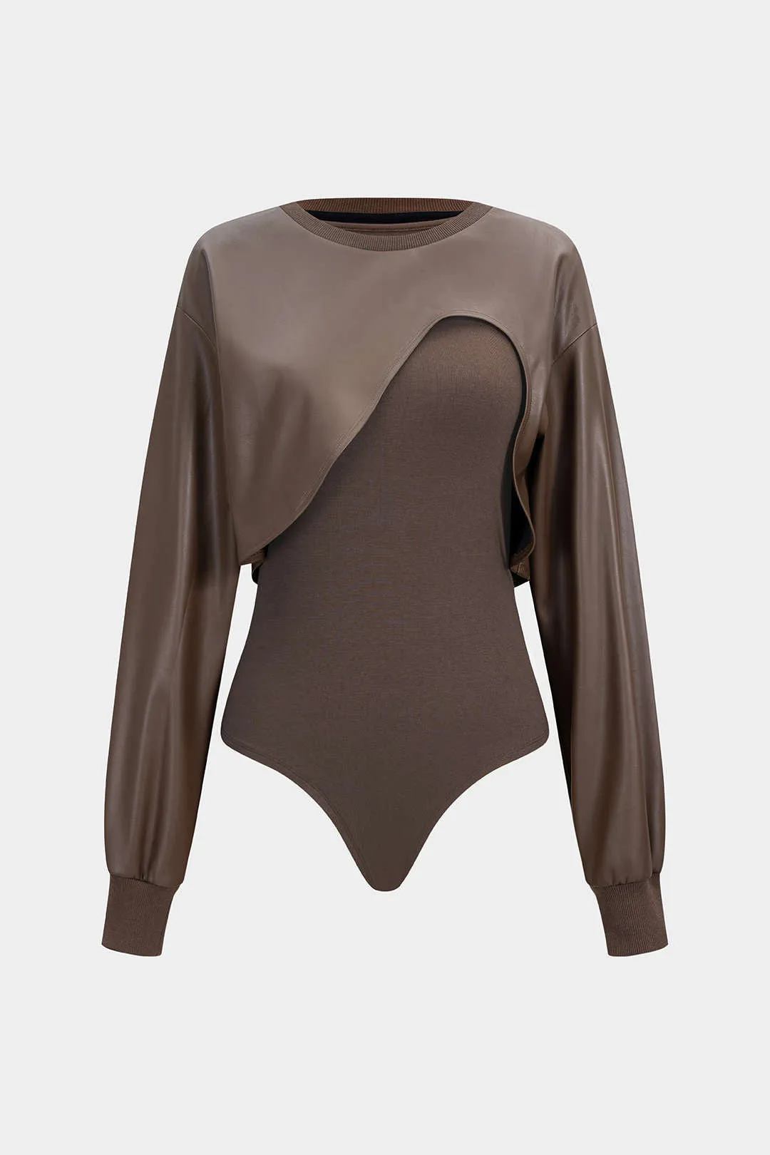 Faux Leather Patchwork Round Neck Asymmetrical Long Sleeve Bodysuit sold by Micas product image thumbnail 2