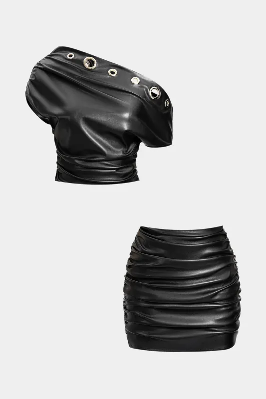 Faux Leather One Shoulder Eyelet Decor Ruched Top And Mini Skirt Set sold by Micas