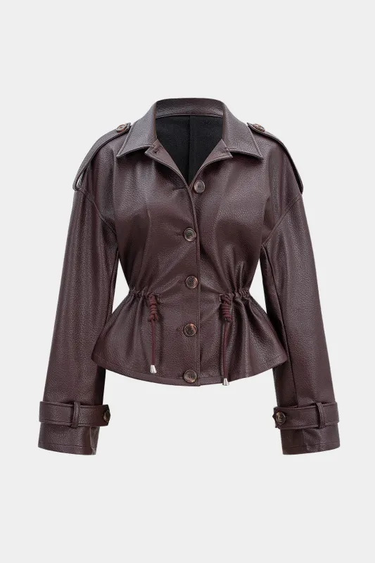 Faux Leather Drawstring Ruched Button Jacket sold by Micas