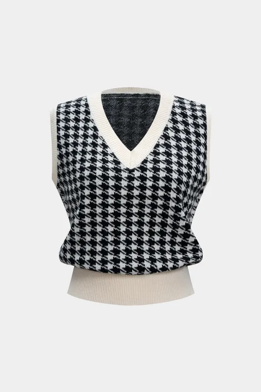 Knit Houndstooth Print Contrast Binding V-Neck Vest sold by Micas