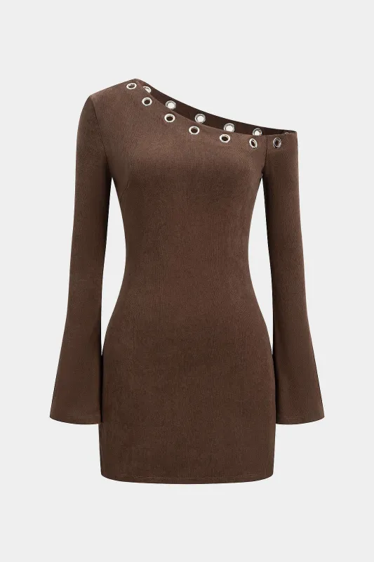 One Shoulder Eyelet Decor Asymmetrical Long-Sleeve Mini Dress sold by Micas