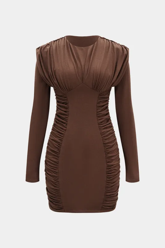Ruched Round Neck Long-Sleeve Mini Dress sold by Micas