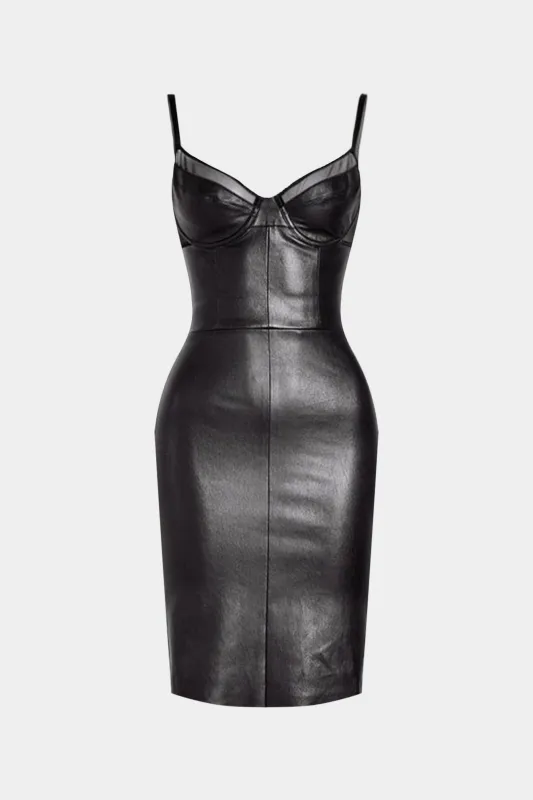Faux Leather V-Neck Slip Sleeveless Midi Dress sold by Micas