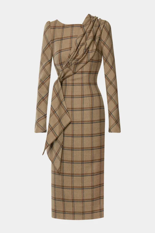 Plaid Print Asymmetrical Strappy Ruched Long-Sleeve Maxi Dress made by Micas