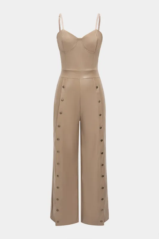 Faux Leather Button Sleeveless Wide Leg Jumpsuit sold by Micas