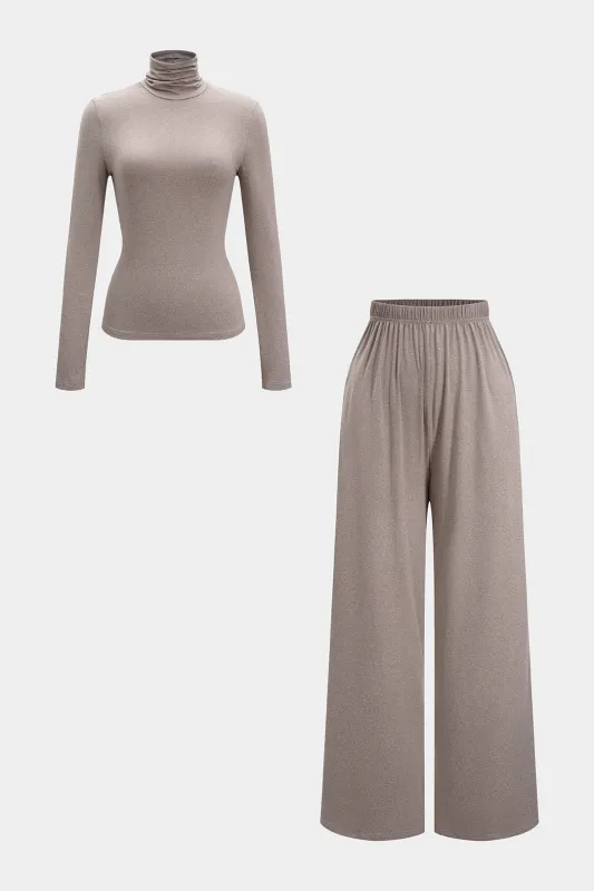 Solid High Collar Long-Sleeve Top And Straight Leg Pants Set sold by Micas