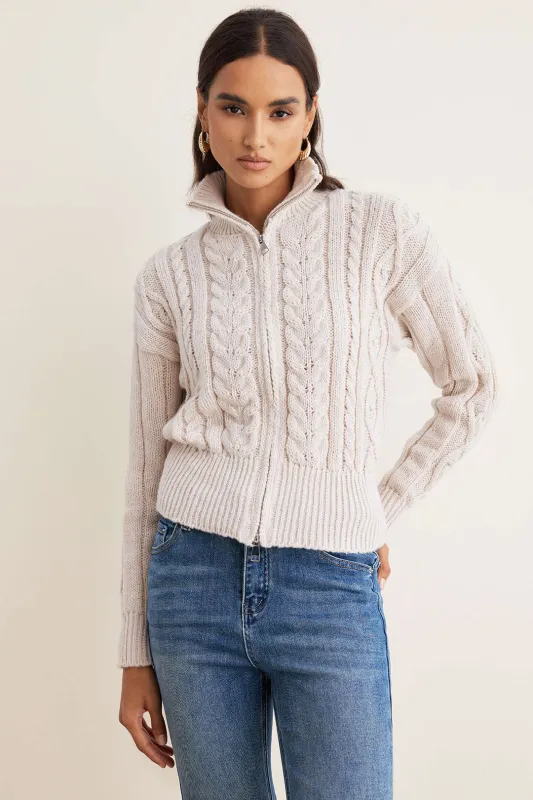 Cable Knit Stand Collar Zipper Cardigan sold by Micas