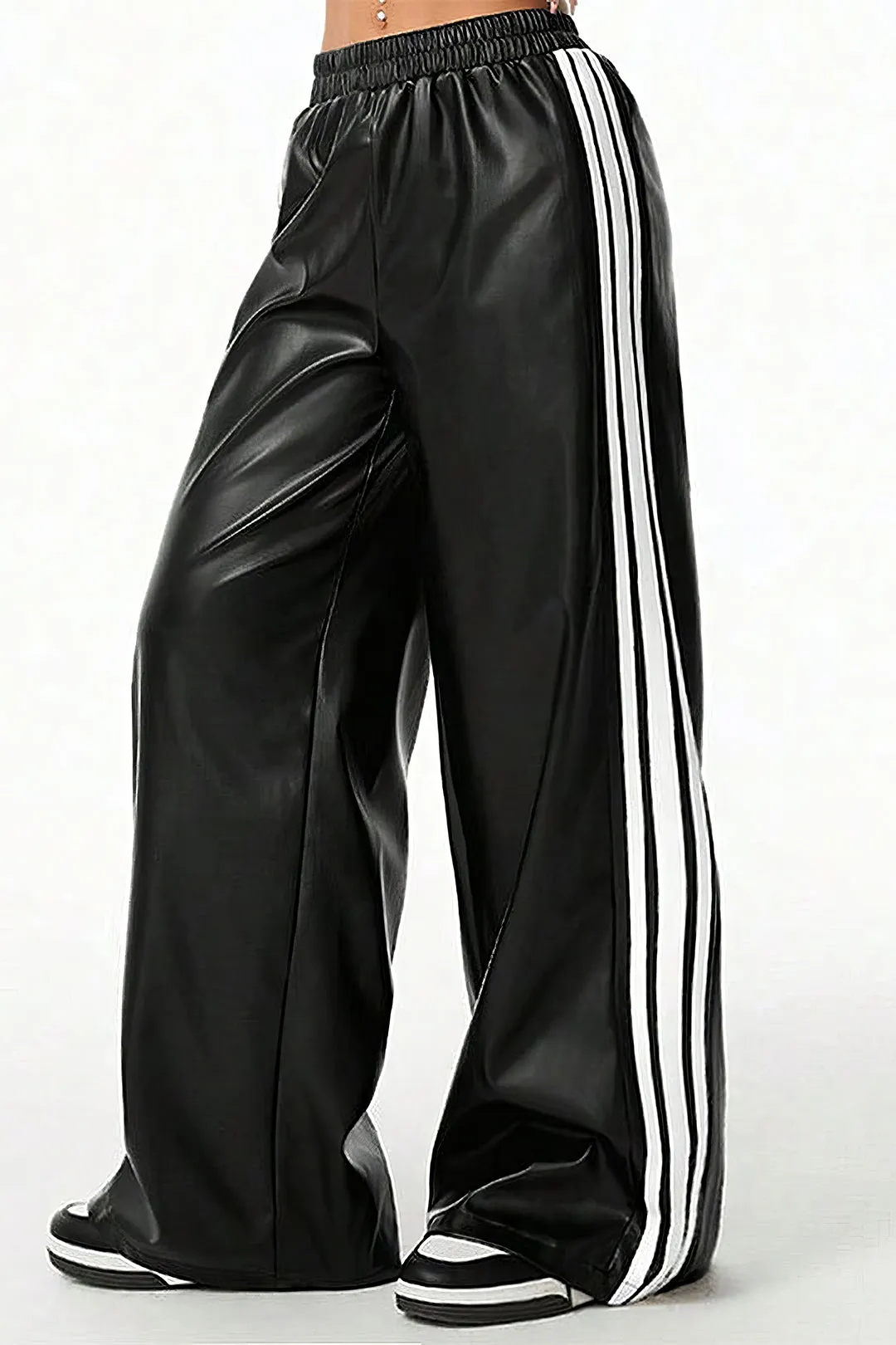 Faux Leather Contrast Shirred Waistband Wide Leg Pants sold by Micas