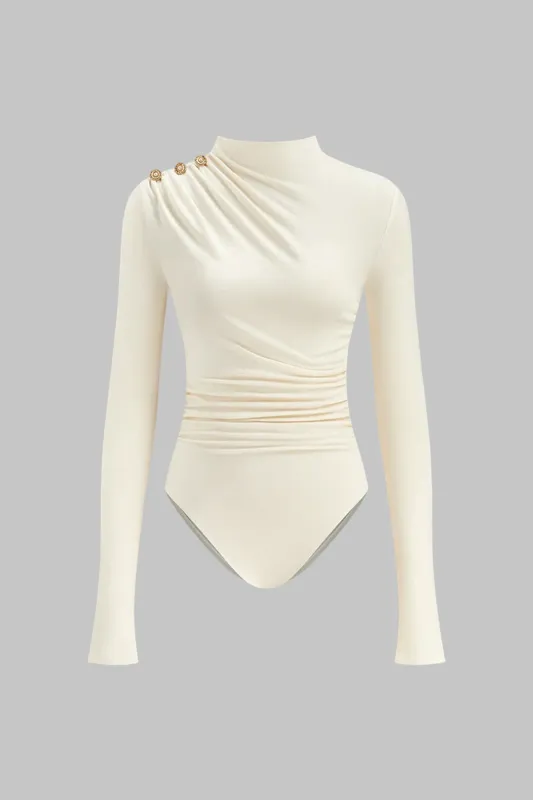 Asymmetrical Button Ruched Long Sleeve Bodysuit sold by Micas