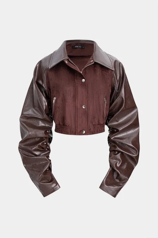 Faux Leather Suede Patchwork Ruched Zipper Raglan Sleeve Jacket sold by Micas
