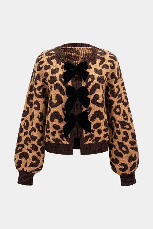 Knit Leopard Print Bow Cardigan sold by Micas
