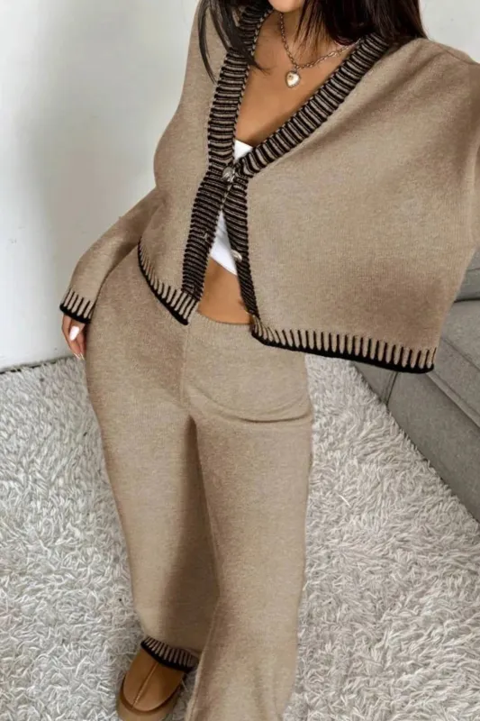 Knit Contrast Binding Button Cardigan And Straight Leg Pants Set sold by Micas