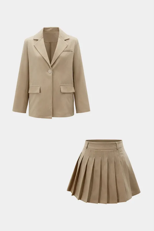 Notched Lapel Fake Pocket Blazer And Pleated Mini Skirt Set sold by Micas