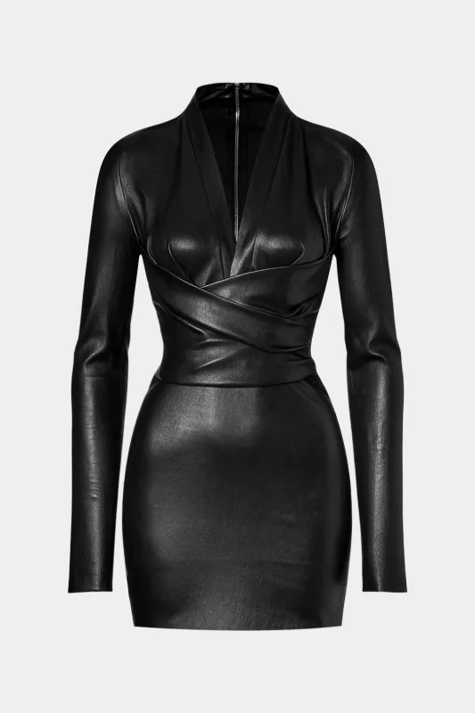 Faux Leather Crossed Ruched Long Sleeve Mini Dress sold by Micas