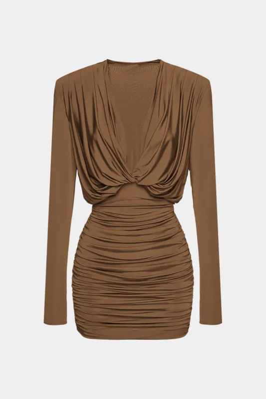 Deep V-Neck Ruched Long Sleeve Mini Dress sold by Micas