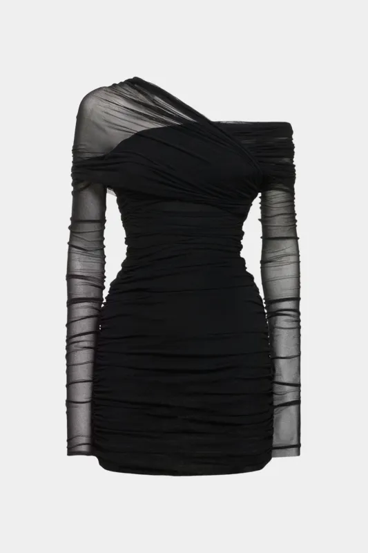 Sheer Mesh One Shoulder Long Sleeve Ruched Mini Dress sold by Micas