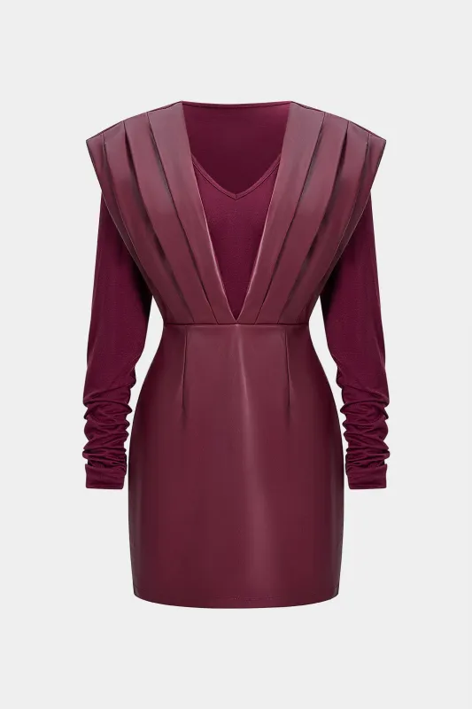 Faux Leather Patchwork V-Neck Pleated Long-Sleeve Mini Dress sold by Micas