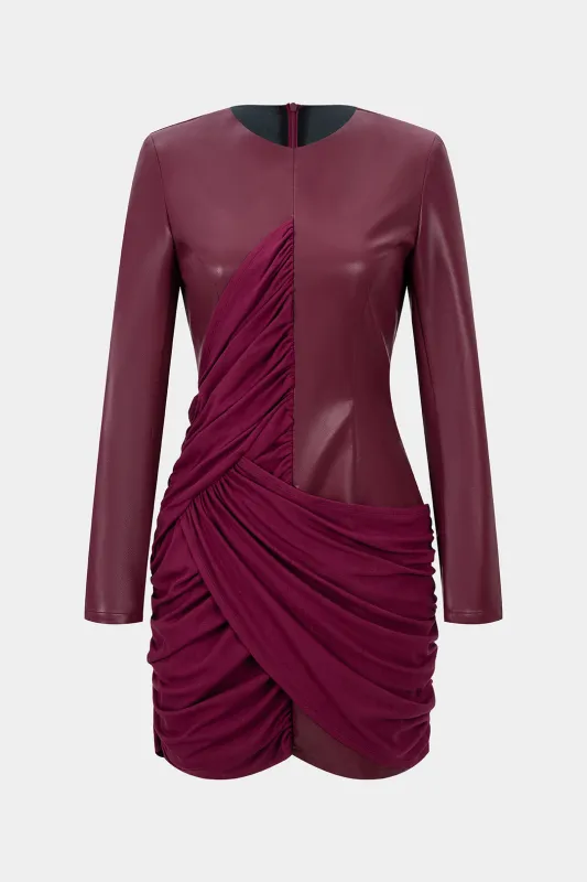 Faux Leather Patchwork Round Neck Asymmetrical Ruched Long-Sleeve Midi Dress sold by Micas