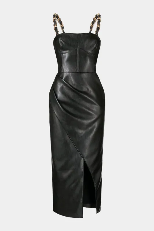 Faux Leather Asymmetrical Ruched Metallic Chain Slip Sleeveless Maxi Dress sold by Micas