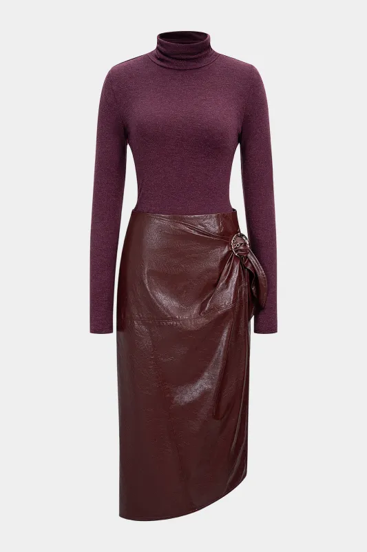 Faux Leather Patchwork Mock Neck Ruched Long Sleeve Maxi Dress sold by Micas