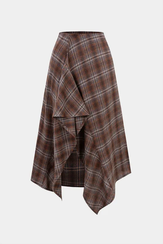 Plaid Print Asymmetrical Ruched Split Skirt sold by Micas