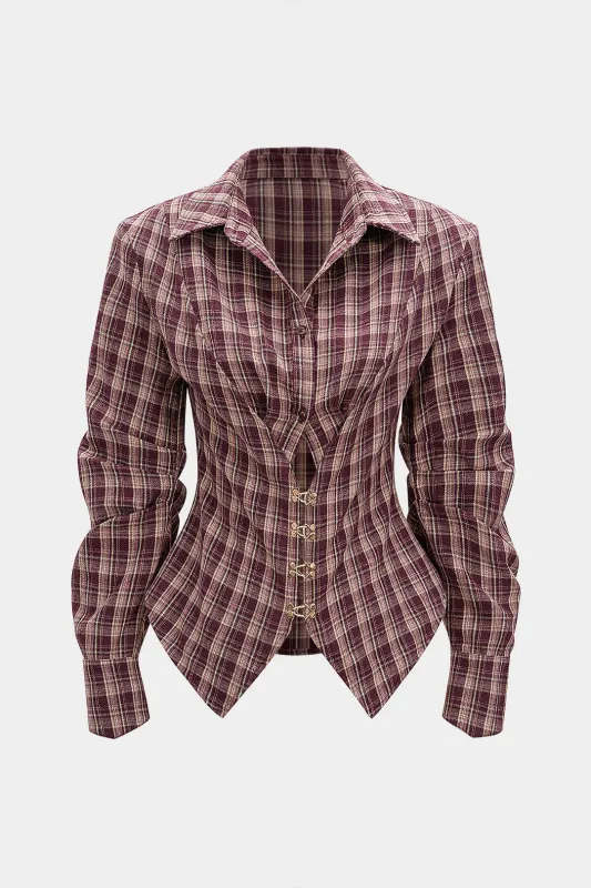 Plaid Print Ruched Waist-Cinching Long-Sleeve Shirt sold by Micas